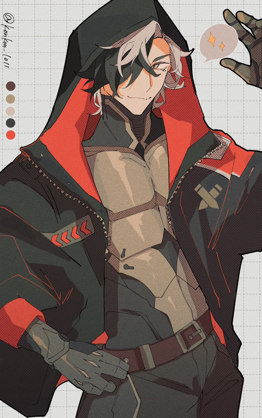 1boy arm_up artist_name belt belt_buckle black_hair black_jacket black_pants boothill_(honkai:_star_rail) brown_belt buckle closed_mouth color_guide cowboy_shot crosshair_pupils grey_eyes grid_background hair_over_one_eye hand_on_own_hip highres honkai:_star_rail honkai_(series) hood hood_up hooded_jacket jacket kon_(konkon_1011) looking_at_viewer male_focus medium_hair multicolored_hair open_clothes open_jacket pants simple_background smile solo sparkle speech_bubble spoken_sparkle twitter_username two-tone_hair white_background white_hair