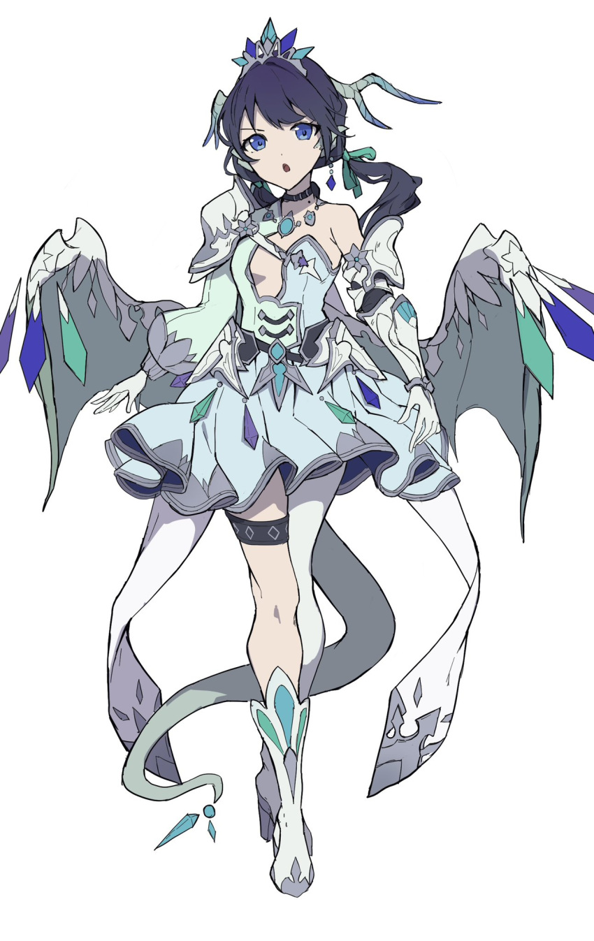 1girl :o alternate_costume armored_gloves black_choker blue_eyes blue_hair boots breasts breasts_apart choker commentary dark_blue_hair dragon_girl dragon_horns dragon_tail dragon_wings dress elbow_gloves fantasy full_body gloves green_ribbon hair_ribbon high_heel_boots high_heels highres horns kemonomimi_mode link!_like!_love_live! long_hair long_sleeves looking_at_viewer love_live! low_twintails mole mole_on_neck murano_sayaka open_mouth pantyhose pleated_dress plunging_neckline popupi_12 puffy_long_sleeves puffy_sleeves ribbon short_dress simple_background single-shoulder_dress single_elbow_glove single_leg_pantyhose single_shoulder_pad small_breasts solo standing tachi-e tail thigh_strap tiara twintails virtual_youtuber white_background white_footwear white_pantyhose wings