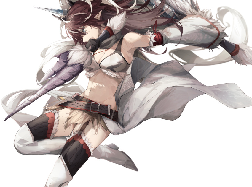 1girl ankoro_mochi arknights armpits black_gloves blue_eyes boots breasts brown_hair cleavage covered_mouth dagger detached_sleeves dual_wielding foot_out_of_frame fur-trimmed_sleeves fur-trimmed_thighhighs fur_trim garter_straps gloves highres holding holding_dagger holding_knife holding_weapon kirin_(armor) kirin_r_yato_(arknights) knife leg_up long_hair long_sleeves midriff mole mole_under_eye navel official_alternate_costume pointy_ears reverse_grip sidelocks simple_background solo thigh_boots thighhighs weapon white_background white_footwear yato_(arknights)