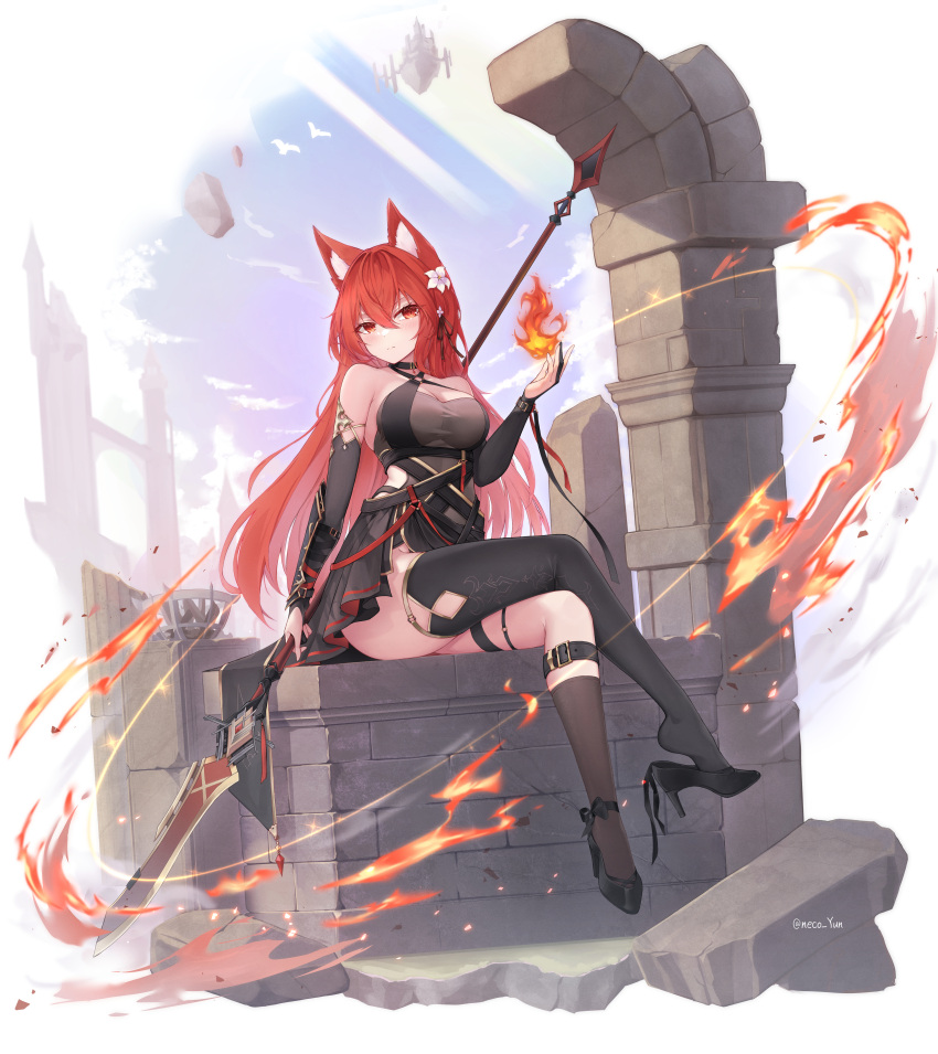 absurdres animal_ears black_dress black_gloves black_thighhighs breasts bridal_gauntlets cat_ears cleavage crossed_legs dress elbow_gloves fire flower gloves hair_between_eyes hair_flower hair_ornament high_heels highres holding holding_polearm holding_weapon long_hair looking_at_viewer medium_breasts original polearm red_eyes red_hair single_thighhigh sitting spear thigh_strap thighhighs weapon yeosi