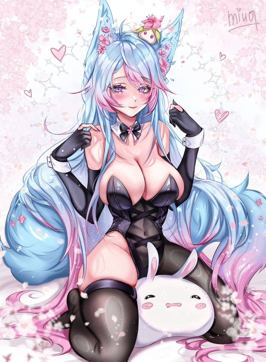 1girl absurdres animal_ear_fluff animal_ears black_gloves black_leotard black_pantyhose black_thighhighs blue_hair blush breasts cleavage collar detached_collar elbow_gloves gloves heart heart-shaped_pupils highres indie_virtual_youtuber large_breasts leotard looking_at_viewer miuq_chan multicolored_hair pantyhose partially_fingerless_gloves pink_eyes pink_hair playboy_bunny silvervale single_leg_pantyhose single_thighhigh smile strapless strapless_leotard streaked_hair swept_bangs symbol-shaped_pupils tail thighhighs virtual_youtuber white_collar wolf_ears wolf_girl wolf_tail