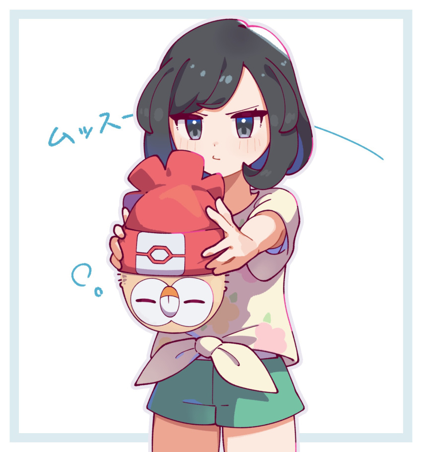 1girl black_hair green_shorts grey_eyes hat highres omochi_(omotimotittona3) pokemon pokemon_(creature) pokemon_sm pout red_hat rowlet selene_(pokemon) shirt short_hair short_sleeves shorts