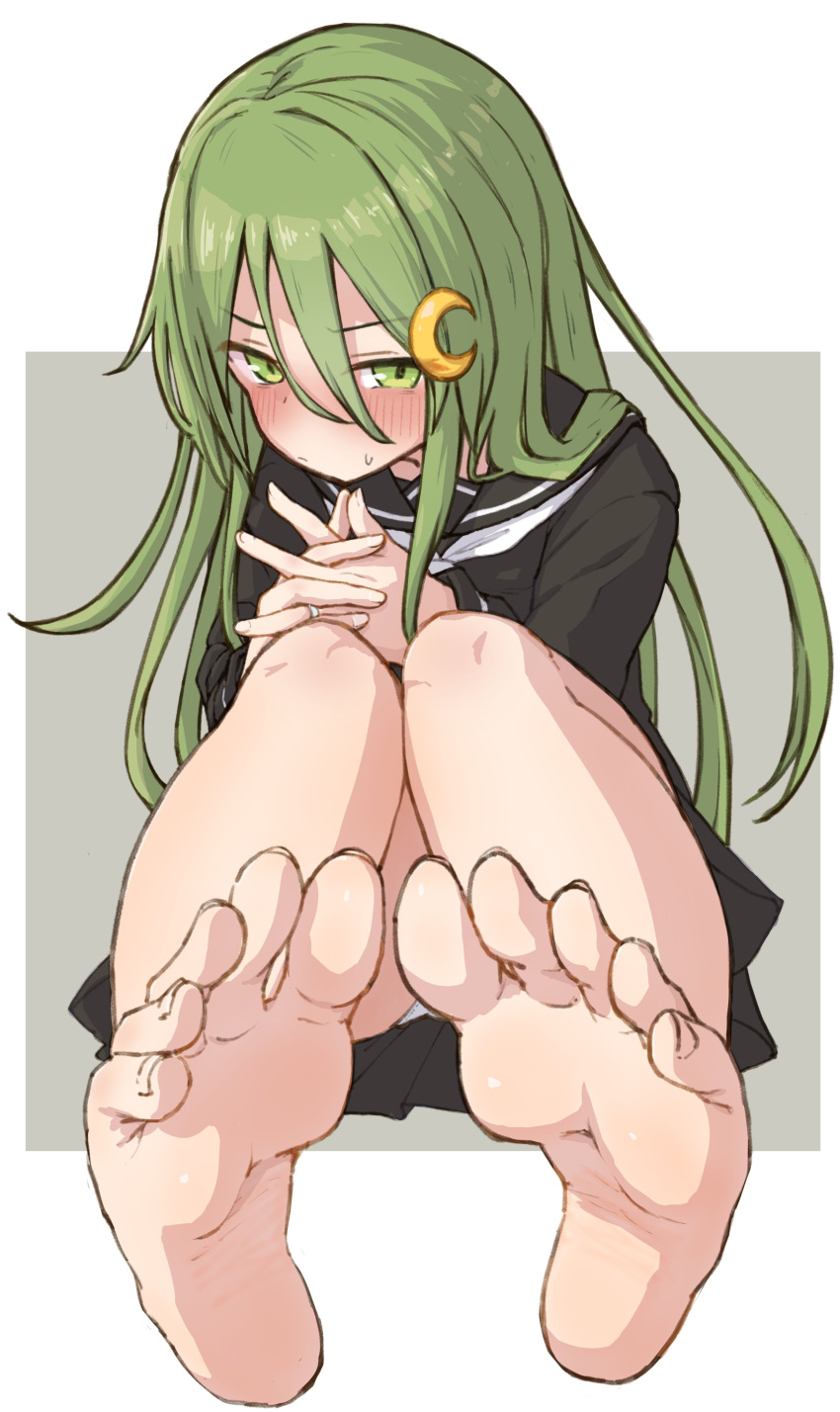 1girl absurdres barefoot black_sailor_collar black_serafuku black_skirt blush closed_mouth crescent crescent_hair_ornament feet foot_focus green_eyes green_hair hair_between_eyes hair_ornament highres kantai_collection long_hair long_sleeves looking_at_viewer nagatsuki_(kancolle) neckerchief own_hands_together panties pantyshot po0000000000 sailor_collar school_uniform serafuku simple_background sitting skirt soles solo sweat two-tone_background underwear white_neckerchief white_panties