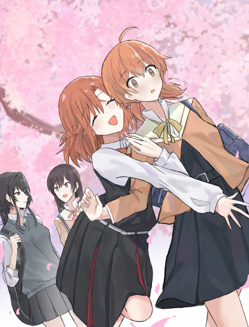 4girls absurdres ahoge arm_hug asanagi_yori bag black_dress black_hair black_skirt blush brown_eyes brown_hair brown_shirt cherry_blossoms closed_eyes collared_shirt commentary crossover day dress english_commentary falling_petals grey_sweater_vest guitar_case half_updo highres hug hug_from_behind instrument_case instrument_on_back kino_himari koito_yuu long_hair long_sleeves medium_hair multiple_girls nanami_touko neck_ribbon open_mouth orange_hair outdoors petals pinafore_dress pleated_skirt ribbon sasayaku_you_ni_koi_wo_utau school_bag school_uniform serafuku shirt short_twintails skirt sleeveless sleeveless_dress smile sweater_vest tree twintails ulette white_shirt yagate_kimi_ni_naru yellow_ribbon