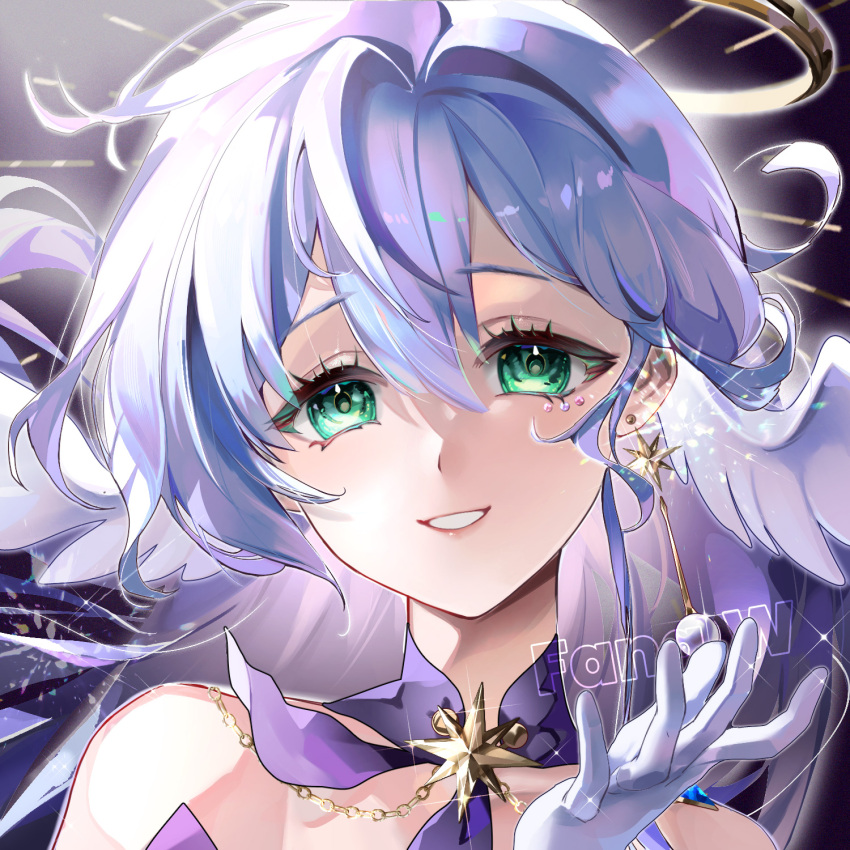 1girl aqua_eyes bare_shoulders bat_wings earrings face_jewel fangwan floating_hair gloves hair_between_eyes halo hand_up highres honkai:_star_rail honkai_(series) jewelry long_hair looking_at_viewer open_mouth purple_hair robin_(honkai:_star_rail) smile solo upper_body white_gloves white_wings wings