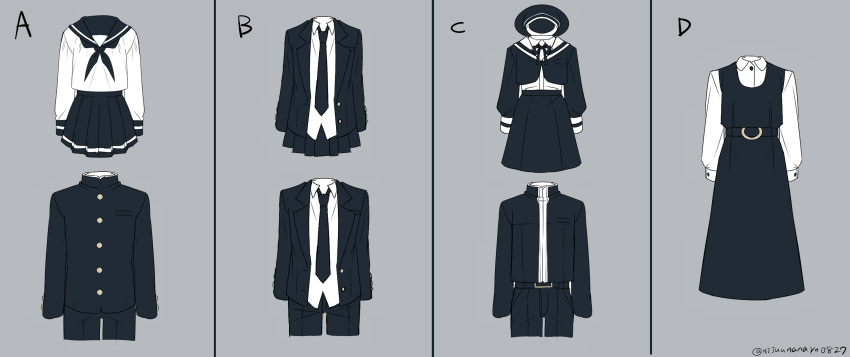 belt beret black_belt black_dress black_hat black_jacket black_necktie black_pants black_ribbon black_sailor_collar black_skirt blazer buttons clothes collared_shirt commentary_request dress gakuran grey_background hat highres jacket long_sleeves neck_ribbon necktie nijisanji ninahachi no_humans open_clothes open_jacket pants pinafore_dress pleated_skirt ribbon sailor_collar school_uniform serafuku shirt skirt sleeveless sleeveless_dress twitter_username white_sailor_collar white_shirt