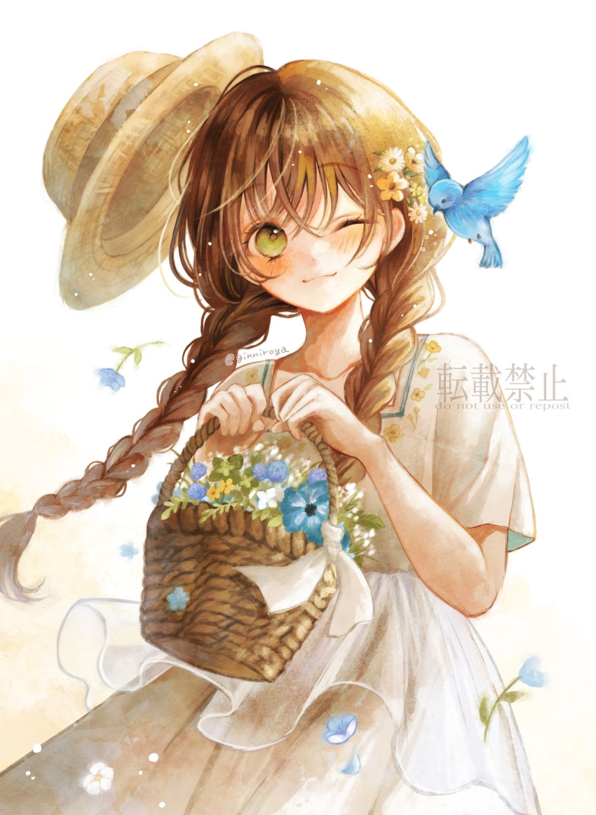 1girl :3 basket bird blue_bird blue_flower blush braid brown_hair closed_mouth collarbone cowboy_shot dress falling_petals flower ginniroya green_eyes hat_loss highres holding holding_basket layered_dress long_hair long_sleeves looking_at_viewer low_twin_braids one_eye_closed original petals sidelocks simple_background smile solo twin_braids white_background white_dress wicker_basket