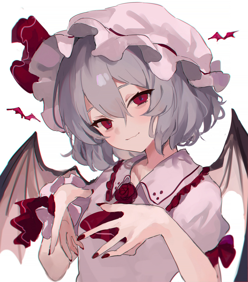 1girl absurdres ascot bat_wings closed_mouth commentary fingernails frilled_sleeves frills grey_hair hair_between_eyes hat highres kani_nyan looking_at_viewer mob_cap nail_polish red_ascot red_eyes red_nails remilia_scarlet shirt short_hair short_sleeves simple_background smile solo symbol-only_commentary touhou upper_body white_background white_hat white_shirt wings