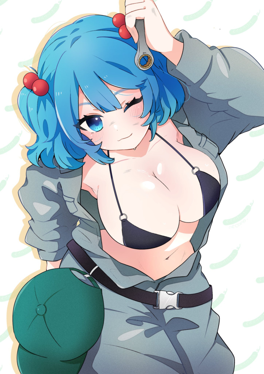 1girl baseball_cap belt black_belt black_bra blue_hair bra breasts cleavage closed_mouth collarbone commentary_request cowboy_shot green_hat grey_jumpsuit hair_bobbles hair_ornament hat highres holding holding_tool holding_wrench jumpsuit kawashiro_nitori large_breasts light_blush long_sleeves medium_hair necono_(nyu6poko) one_eye_closed puffy_sleeves simple_background smile touhou two_side_up underwear unworn_hat unworn_headwear unzipped upper_body white_background wrench