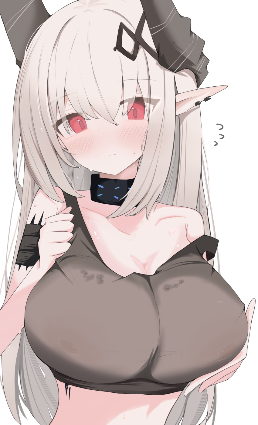 1girl absurdres arknights bare_shoulders black_collar black_horns black_tank_top blush breasts closed_mouth collar collarbone commentary_request covered_nipples demon_girl demon_horns flying_sweatdrops grabbing_own_breast highres horns infection_monitor_(arknights) large_breasts looking_at_viewer material_growth mudrock_(arknights) mudrock_(elite_ii)_(arknights) nui_(nuinui0300) oripathy_lesion_(arknights) pointy_ears red_eyes simple_background solo strap_slip sweat tank_top white_background