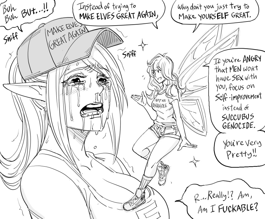 2020 2020_us_election 2girls baseball_cap bb_(baalbuddy) breasts cleavage clothes_writing crying crying_with_eyes_open elf english_text fairy fairy_wings greyscale hat highres large_breasts long_hair make_america_great_again minigirl monochrome multiple_girls original pointy_ears politics ponytail profanity qanon shorts snot speech_bubble tears wings