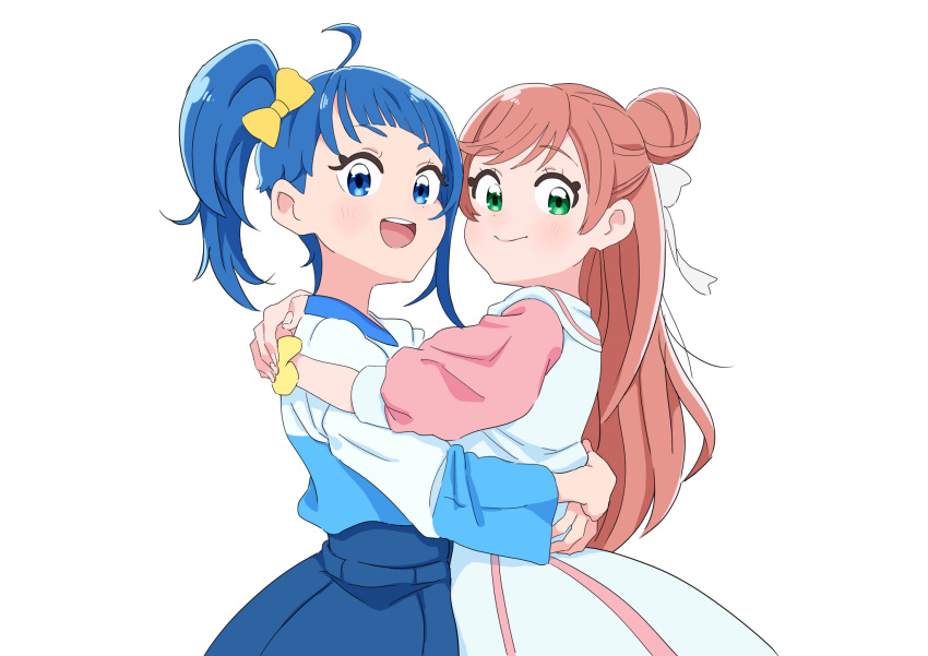 2girls blue_eyes blue_hair blue_shirt blue_skirt casual closed_mouth cut_bangs dress from_side green_eyes gya-tei hair_bun hair_ribbon highres hirogaru_sky!_precure hug long_hair long_sleeves looking_at_viewer medium_hair multiple_girls nijigaoka_mashiro open_mouth pink_dress pink_hair pleated_skirt precure ribbon scrunchie shirt side_ponytail simple_background single_hair_bun single_sidelock skirt smile sora_harewataru standing t-shirt two-tone_dress two-tone_shirt white_background white_dress white_ribbon white_shirt wrist_scrunchie yellow_ribbon yellow_scrunchie