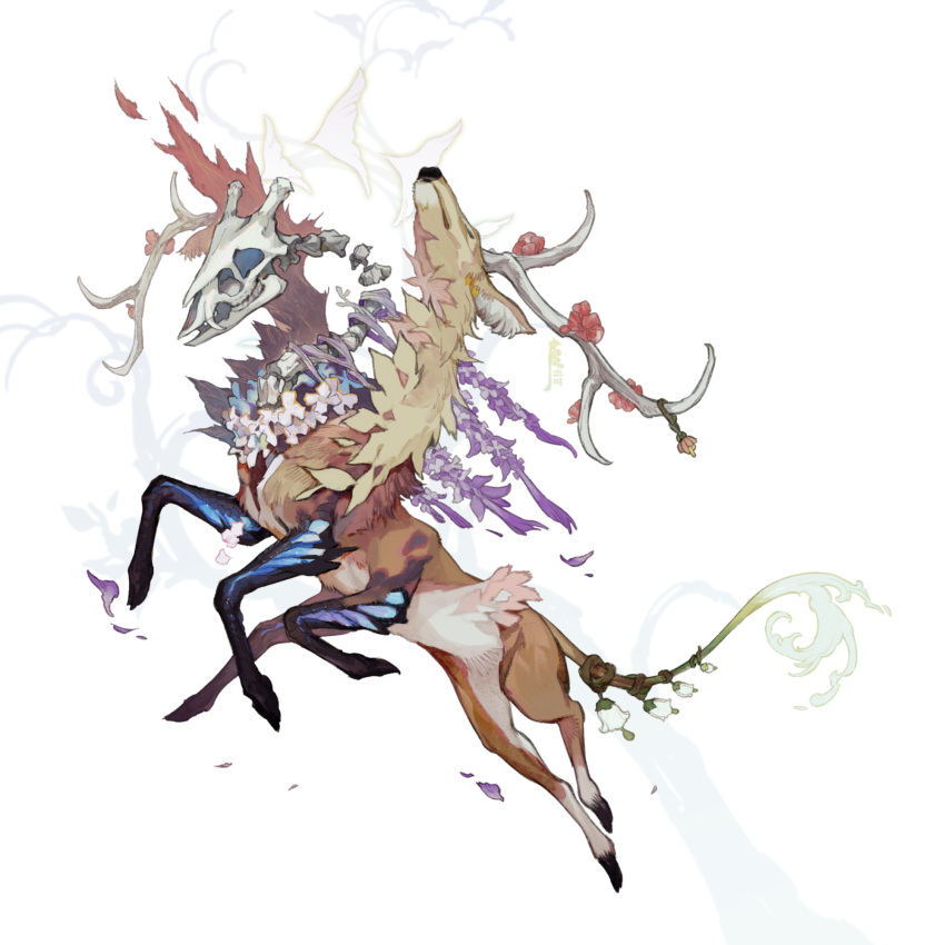 animal_focus antlers bone deer_antlers flower full_body highres hooves horn_flower horns jumping lily_of_the_valley microw monster multiple_heads multiple_legs no_humans original purple_flower red_flower simple_background skull skull_head spine tail tail_ornament white_background