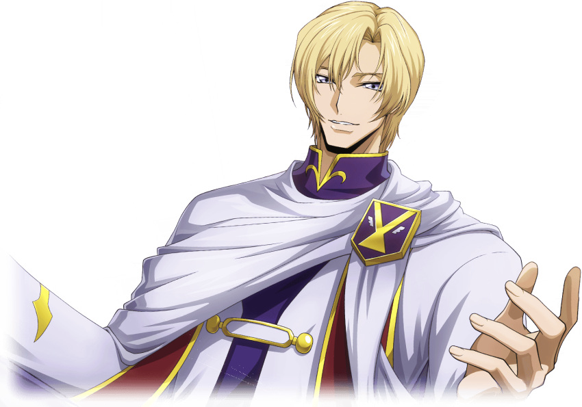 1boy artist_request blonde_hair blue_eyes cloak code_geass code_geass:_lost_stories cropped_torso game_cg hair_between_eyes half-closed_eyes hands_up highres long_sleeves looking_at_viewer male_focus non-web_source official_art parted_lips purple_robe robe schneizel_el_britannia short_hair sidelocks simple_background smile solo teeth transparent_background upper_body white_cloak