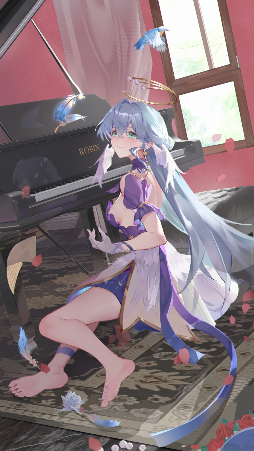 1girl absurdres aqua_eyes bird character_name choker comet_(user_fjsa4577) commentary_request curtains detached_sleeves dress facial_mark feathers grey_hair highres honkai:_star_rail honkai_(series) indoors instrument long_hair looking_at_viewer piano purple_choker robin_(honkai:_star_rail) short_sleeves sitting smile solo very_long_hair white_dress