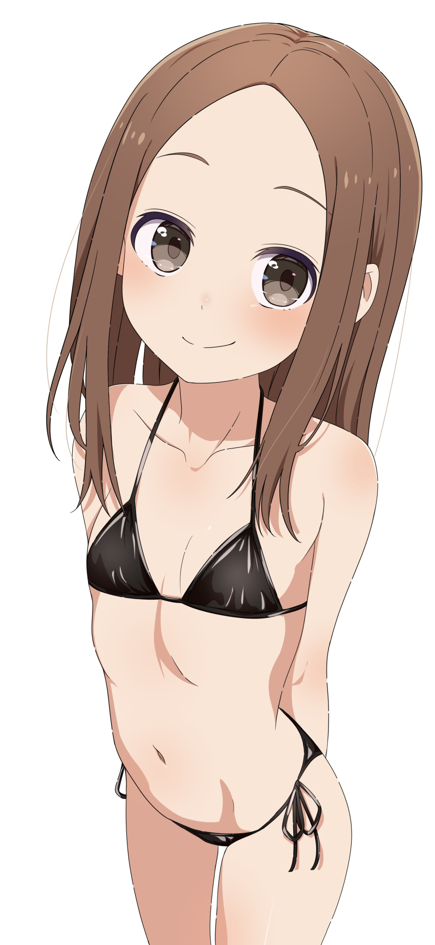 1girl absurdres arms_behind_back bikini black_bikini breasts brown_eyes brown_hair camui1104 closed_mouth highres karakai_jouzu_no_takagi-san long_hair looking_at_viewer navel side-tie_bikini_bottom simple_background small_breasts smile solo swimsuit takagi-san white_background