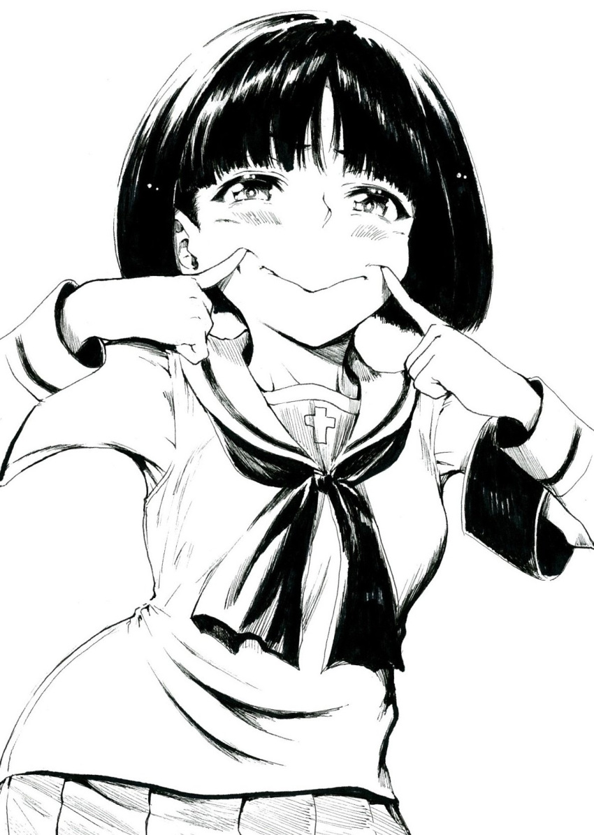 1girl birthday black_hair blunt_bangs blunt_ends blush bob_cut breasts closed_mouth collared_shirt commentary dress_shirt embarrassed false_smile finger_to_mouth fingersmile girls_und_panzer greyscale highres index_finger_raised long_sleeves looking_at_viewer monochrome neckerchief ooarai_school_uniform pleated_skirt sailor_collar sawamin school_uniform serafuku shirt short_hair simple_background skirt small_breasts smile solo sono_midoriko standing upper_body white_background