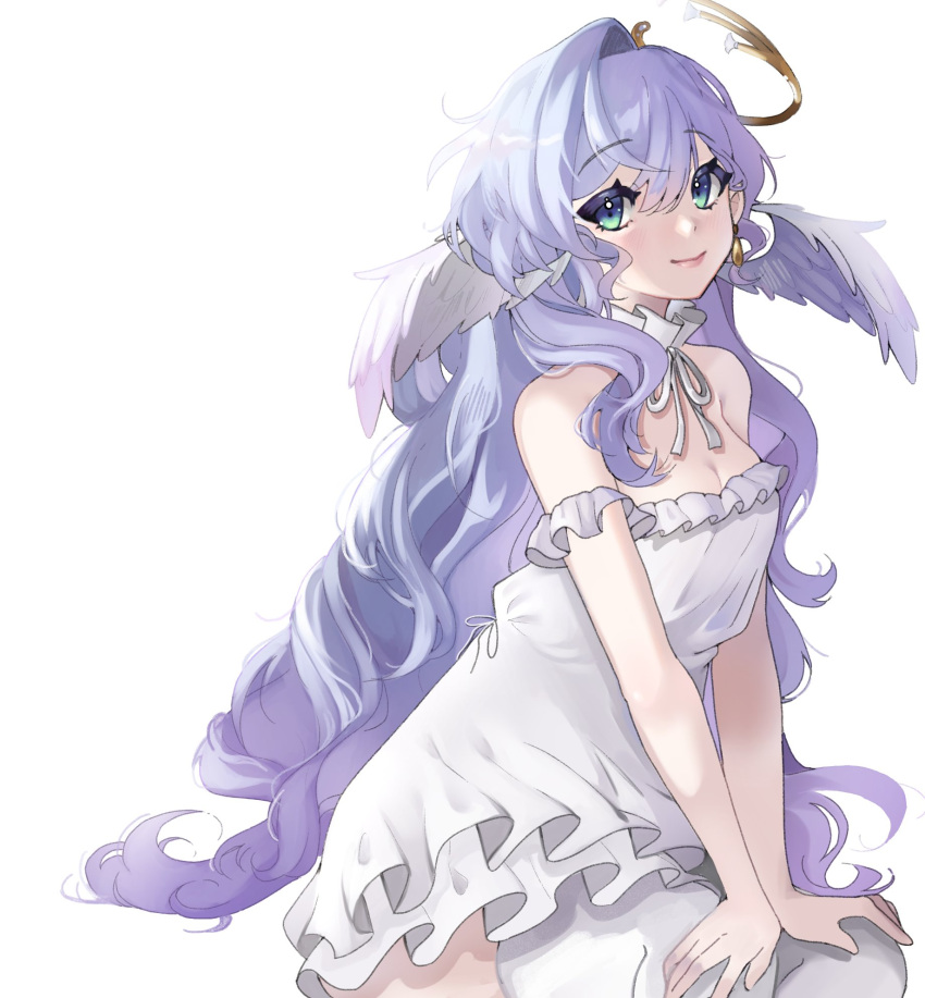 1girl alternate_costume aqua_eyes bare_shoulders breasts cleavage closed_mouth detached_collar dress earrings hair_between_eyes halo head_wings highres honkai:_star_rail honkai_(series) jewelry long_hair looking_at_viewer neck_ribbon purple_hair ribbon robin_(honkai:_star_rail) simple_background sitting smile thighhighs ttvrotomr white_background white_dress white_ribbon white_thighhighs white_wings wings