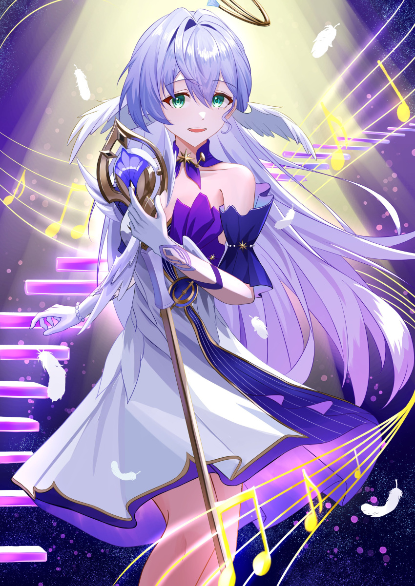 1girl absurdres aqua_eyes bare_shoulders bead_bracelet beads bracelet detached_sleeves dress falling_feathers feathers floating_hair gloves hair_between_eyes halo head_wings highres honkai:_star_rail honkai_(series) jewelry long_hair mi's_(diprebaxgnkz7qr) parted_lips purple_dress purple_eyes purple_hair robin_(honkai:_star_rail) short_sleeves solo teeth upper_teeth_only white_dress white_feathers white_gloves white_wings wings