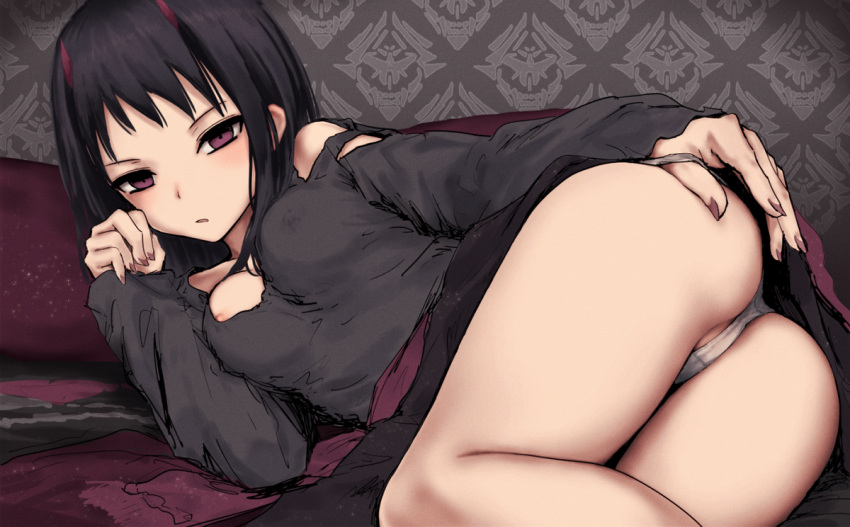 1girl bad_id bad_twitter_id black_hair black_shirt breasts bullfalk commentary_request covered_nipples demon_girl demon_horns feet_out_of_frame hand_in_panties hand_on_own_ass hand_up horns long_sleeves looking_at_viewer lying medium_breasts medium_hair nipple_slip nipples on_side original panties pantyshot partially_visible_vulva red_eyes shirt solo underwear white_panties