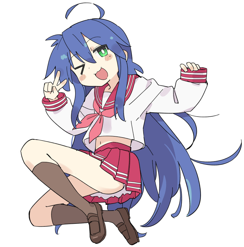 &gt;_o 1girl :3 absurdres ahoge blue_hair blush_stickers brown_footwear brown_socks commentary dot_nose full_body fusazakura green_eyes hair_between_eyes hands_up highres izumi_konata loafers long_hair long_sleeves looking_at_viewer lucky_star midriff_peek mole mole_under_eye navel neckerchief one_eye_closed open_mouth pleated_skirt puffy_long_sleeves puffy_sleeves red_neckerchief red_sailor_collar red_skirt ryouou_school_uniform sailor_collar school_uniform shoes simple_background skirt sleeves_past_wrists smile socks solo v very_long_hair white_background