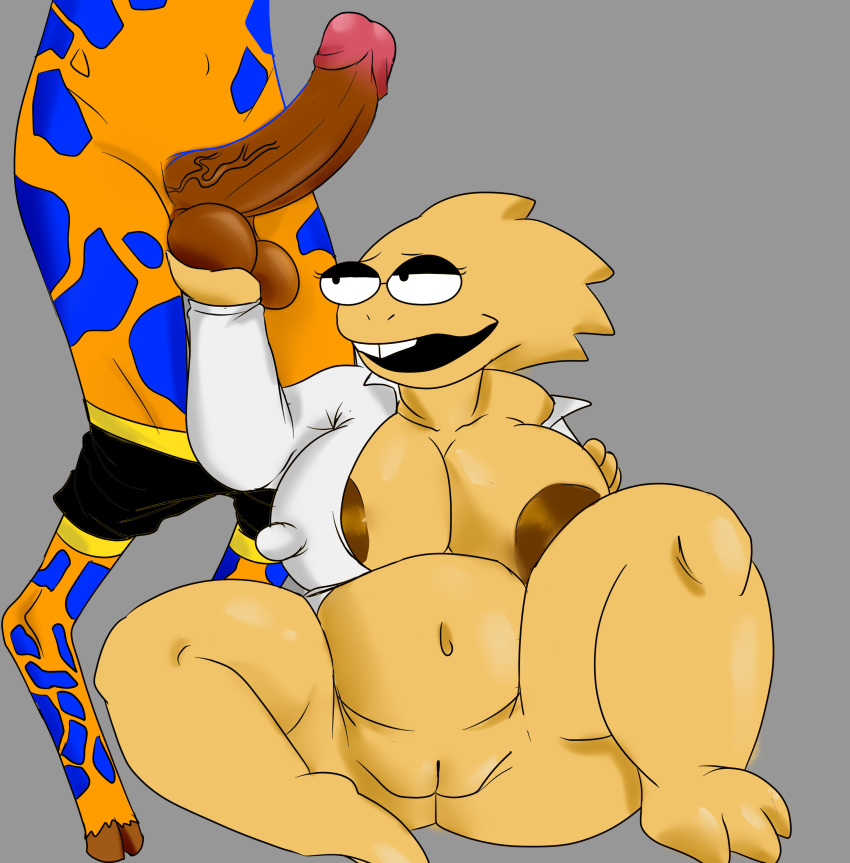 absurd_res alphys animal_humanoid anthro balls big_breasts breasts clothed clothing digital_media_(artwork) duo erection eyewear female furry_prince genitals giraffe giraffid giraffid_humanoid glasses hi_res humanoid lizard male male/female mammal mammal_humanoid nipples nude open_mouth penis pussy reptile scalie simple_background smile teeth undertale video_games xan(furry_prince)