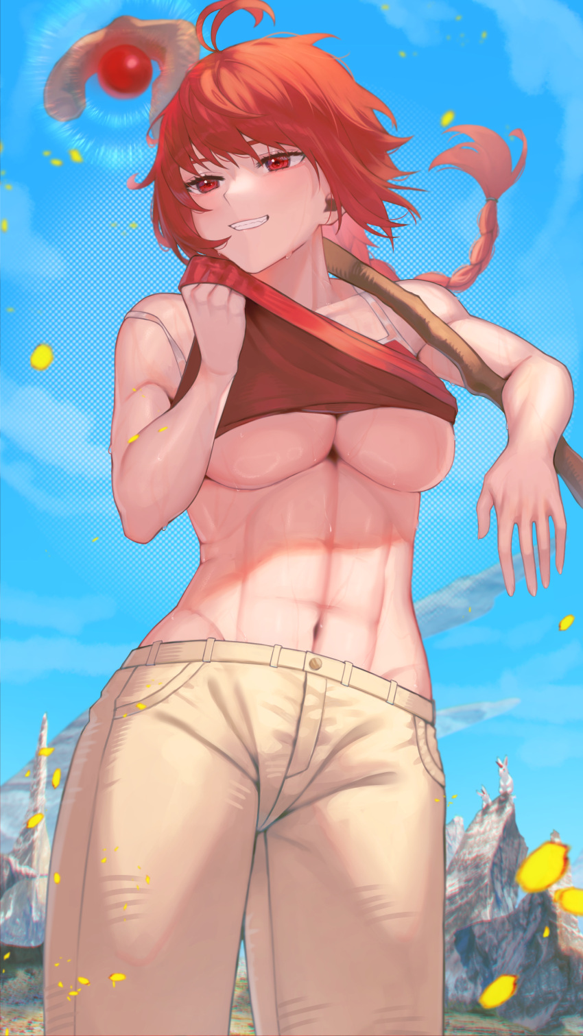 1girl abs absurdres blue_sky breasts clothes_lift collarbone commission eyelashes highres long_braid long_hair muscular muscular_female navel original pants rabbit red_eyes red_hair red_tank_top rushian shirt_lift skeb_commission sky smile solo staff sweat tank_top underboob