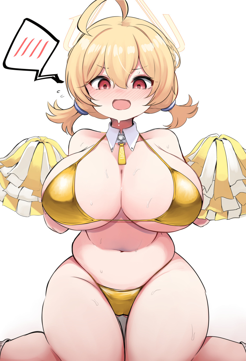 10eki_(tenchou) 1girl absurdres ahoge alternate_breast_size alternate_costume bikini blue_archive blush breasts commentary_request detached_collar gold_bikini hair_between_eyes halo highres holding holding_pom_poms huge_breasts kotori_(blue_archive) navel open_mouth pom_pom_(cheerleading) short_twintails sideboob simple_background sitting solo spoken_blush stomach sweat swimsuit thighs twintails underboob white_background yellow_halo