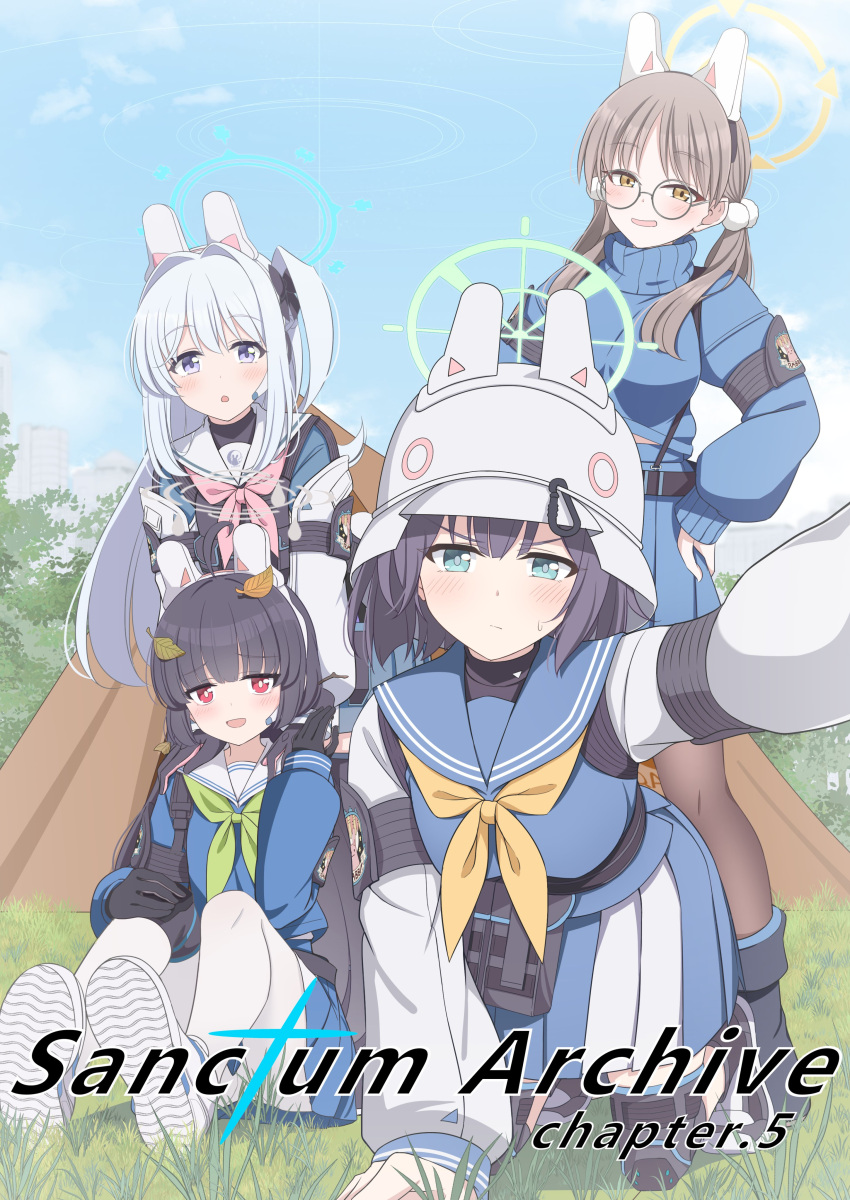 4girls absurdres animal_ears black_hair black_pantyhose blue_archive blue_halo blue_sailor_collar blue_serafuku blue_skirt blue_sweater blush brown_eyes brown_hair closed_mouth combat_helmet fake_animal_ears green_eyes green_halo green_neckerchief grey_halo halo hat helmet highres hoshino_ouka knee_pads long_hair long_sleeves looking_at_viewer miyako_(blue_archive) miyu_(blue_archive) moe_(blue_archive) multiple_girls neckerchief one_side_up open_mouth pantyhose pink_neckerchief pleated_skirt purple_eyes rabbit_ears rabbit_platoon_(blue_archive) red_eyes sailor_collar saki_(blue_archive) school_uniform second-party_source serafuku shoes skirt smile stahlhelm sweater twintails two-tone_skirt white_footwear white_hair white_hat white_pantyhose white_sailor_collar yellow_halo yellow_neckerchief