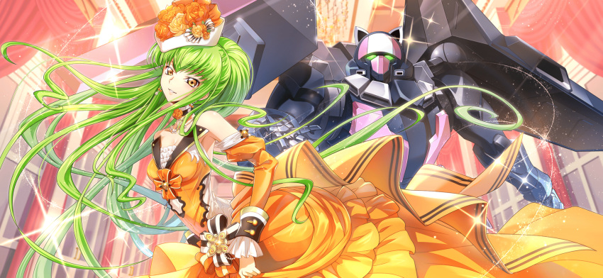 1girl artist_request bare_shoulders blush breasts c.c. cleavage code_geass code_geass:_lost_stories collarbone curtains detached_collar detached_sleeves dress earrings floating_hair flower game_cg green_eyes green_hair happy hat hat_flower highres indoors jewelry juliet_sleeves leaning_forward light_blush light_particles long_dress long_hair long_sleeves looking_at_viewer mecha medium_breasts mordred_(code_geass) non-web_source official_art orange_dress orange_flower orange_rose orange_sleeves parted_lips puffy_sleeves robot rose sidelocks smile solo sparkle standing strapless strapless_dress teeth very_long_hair white_hat window yellow_eyes