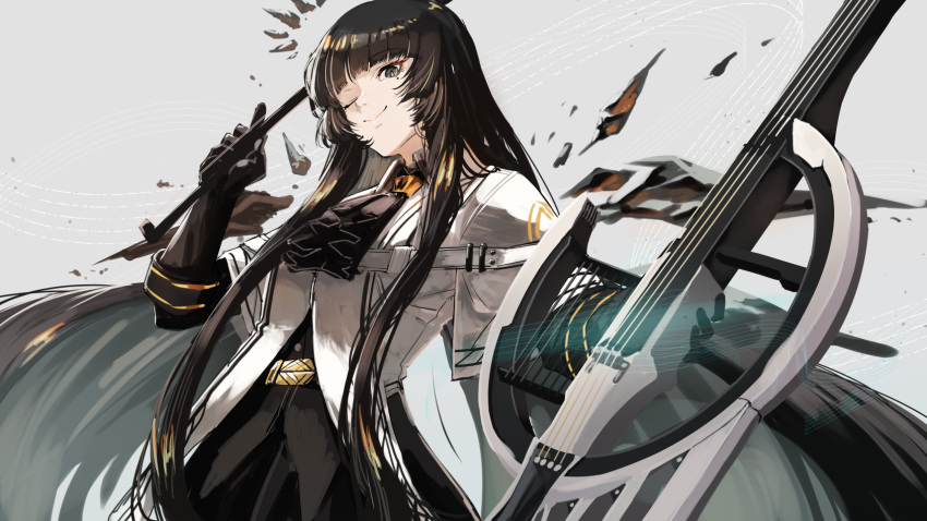 1girl ;) arknights ascot belt_buckle black_ascot black_gloves black_hair black_halo black_shirt black_wings bow_(music) broken_halo buckle cello closed_mouth collared_jacket colored_inner_hair commentary_request cowboy_shot dark_halo detached_wings energy_wings exocet gloves grey_background grey_eyes grey_hair halo hand_up highres holding holding_bow_(music) holding_instrument instrument jacket layered_sleeves long_hair long_sleeves looking_at_viewer mole mole_under_eye multicolored_hair one_eye_closed partial_commentary shirt short-sleeved_jacket short_over_long_sleeves short_sleeves sidelocks simple_background smile solo staff_(music) standing straight_hair strap two-tone_hair very_long_hair virtuosa_(arknights) white_jacket wide_sleeves wing_collar wings yellow_pupils