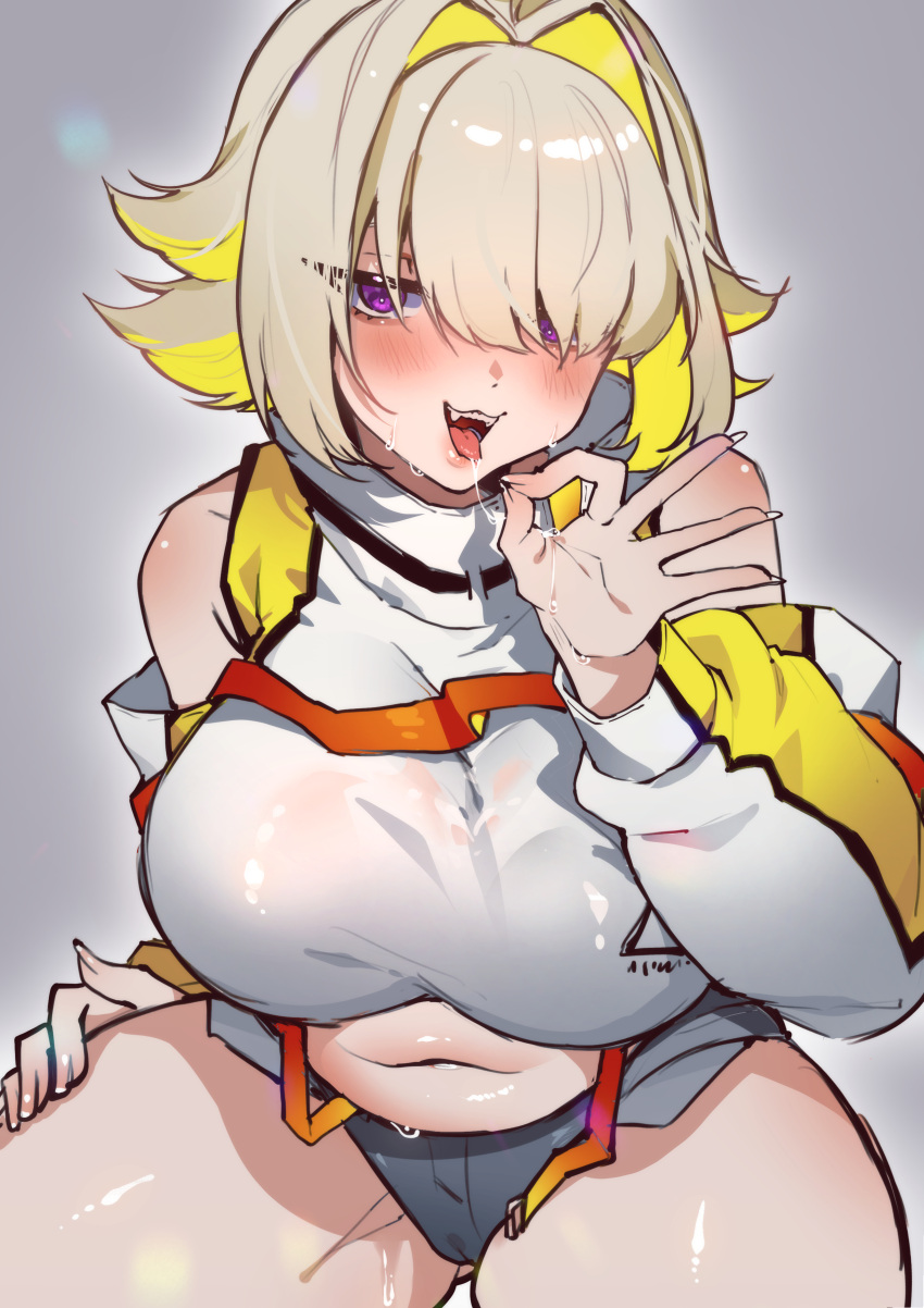 1girl :3 absurdres blonde_hair breasts colored_inner_hair da3iann detached_sleeves elegg_(nikke) fangs fellatio_gesture fingernails goddess_of_victory:_nikke grey_background grey_shorts hair_intakes hair_over_one_eye hand_on_own_thigh highres huge_breasts long_bangs micro_shorts muffin_top multicolored_hair navel purple_eyes saliva shirt short_hair shorts sitting solo suspenders tongue tongue_out white_shirt