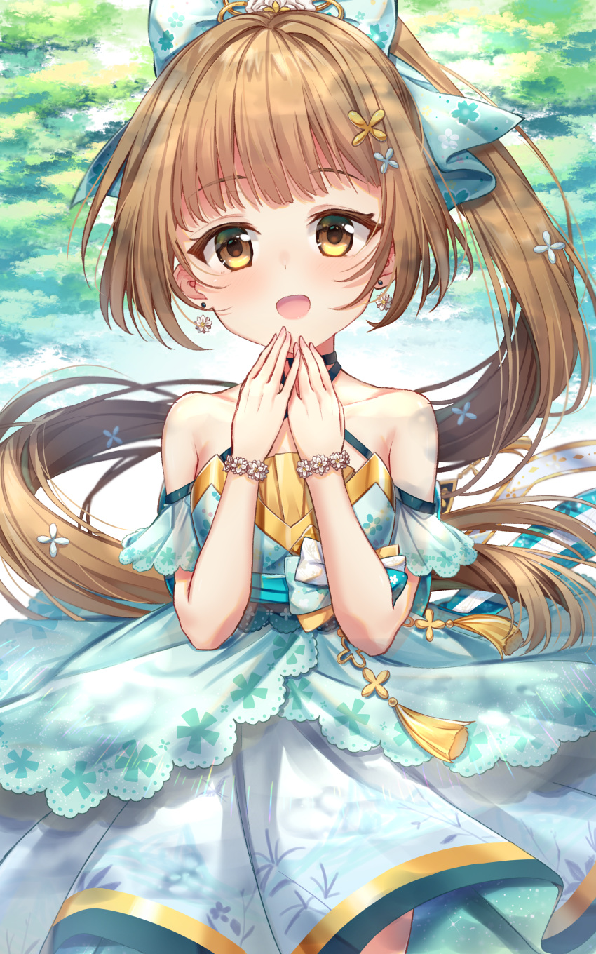 1girl :d absurdres bangs bare_shoulders blue_bow blue_dress blush bow brown_eyes brown_hair commentary_request criss-cross_halter day dress earrings eyebrows_visible_through_hair floral_print flower flower_bracelet hair_bow hair_flower hair_ornament halterneck hands_up high_ponytail highres huge_filesize idolmaster idolmaster_cinderella_girls idolmaster_cinderella_girls_starlight_stage jewelry long_hair looking_at_viewer open_mouth pleated_dress ponytail print_bow smile solo torokeru_none very_long_hair white_dress white_flower yellow_flower yorita_yoshino