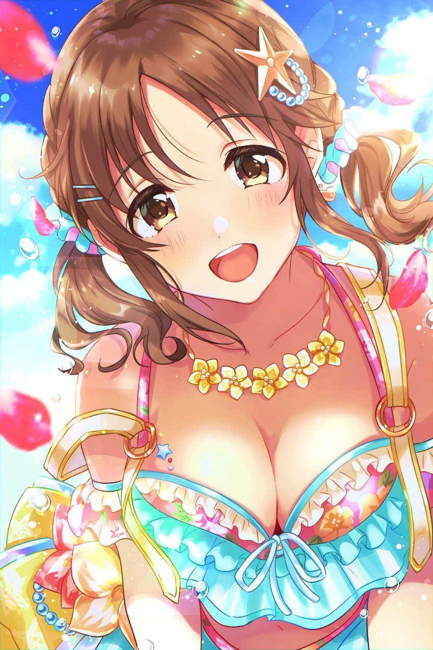 1girl absurdres bare_shoulders bikini blue_sky blurry blush breasts brown_eyes brown_hair cleavage collarbone depth_of_field dot_nose falling_petals floating_hair floral_print_bikini flower flower_necklace frilled_bikini frills hair_ornament hair_scrunchie hairclip highres idolmaster idolmaster_cinderella_girls idolmaster_cinderella_girls_starlight_stage large_breasts long_hair looking_at_viewer migaku1783 navel o-ring o-ring_bikini o-ring_top open_mouth pearl_hair_ornament petals scrunchie sky smile solo splashing starfish_hair_ornament swimsuit teeth totoki_airi twintails two-tone_bikini two-tone_scrunchie upper_body upper_teeth_only