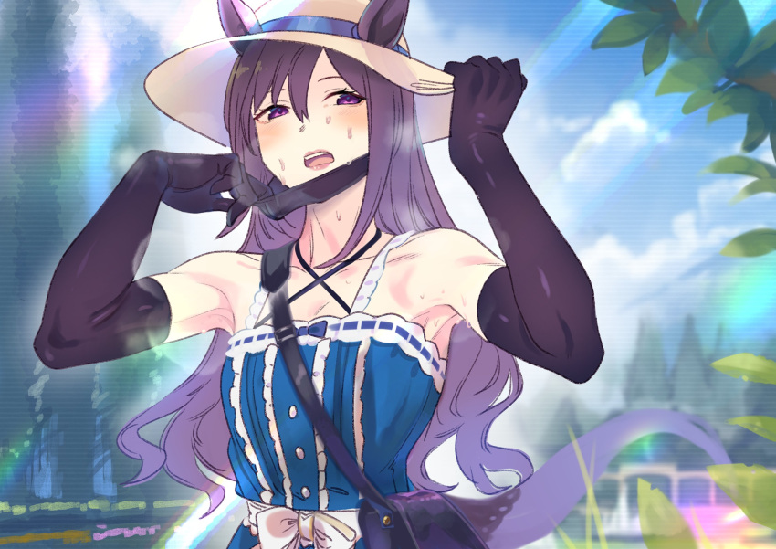 1girl animal_ears armpits bare_shoulders black_gloves blue_shirt blue_sky blurry blurry_background collarbone doushi_tatsu_to_dekkai_no elbow_gloves gloves highres horse_ears leaf long_hair mejiro_dober_(umamusume) open_mouth outdoors purple_eyes purple_hair shirt sky solo sweat umamusume upper_body