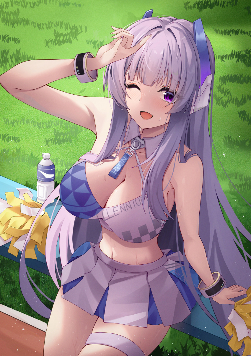 ;d absurdres alternate_costume arm_up blue_archive blush breasts cheerleader cleavage grass grey_hair headgear hidel highres large_breasts long_hair looking_at_viewer midriff millennium_cheerleader_outfit_(blue_archive) miniskirt no_halo noa_(blue_archive) on_bench one_eye_closed pleated_skirt pom_pom_(cheerleading) purple_eyes sitting skirt smile straight_hair thigh_strap very_long_hair