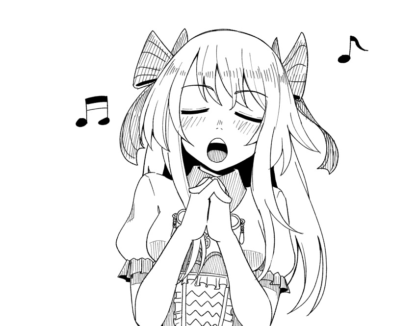 1girl blush breasts chaos_marie_(grimms_notes) cleavage_cutout closed_eyes clothing_cutout grimms_notes hair_ribbon highres interlocked_fingers jewelry long_hair mimyung00 monochrome music musical_note open_mouth pendant puffy_short_sleeves puffy_sleeves ribbon short_sleeves simple_background singing solo spoken_musical_note upper_body white_background