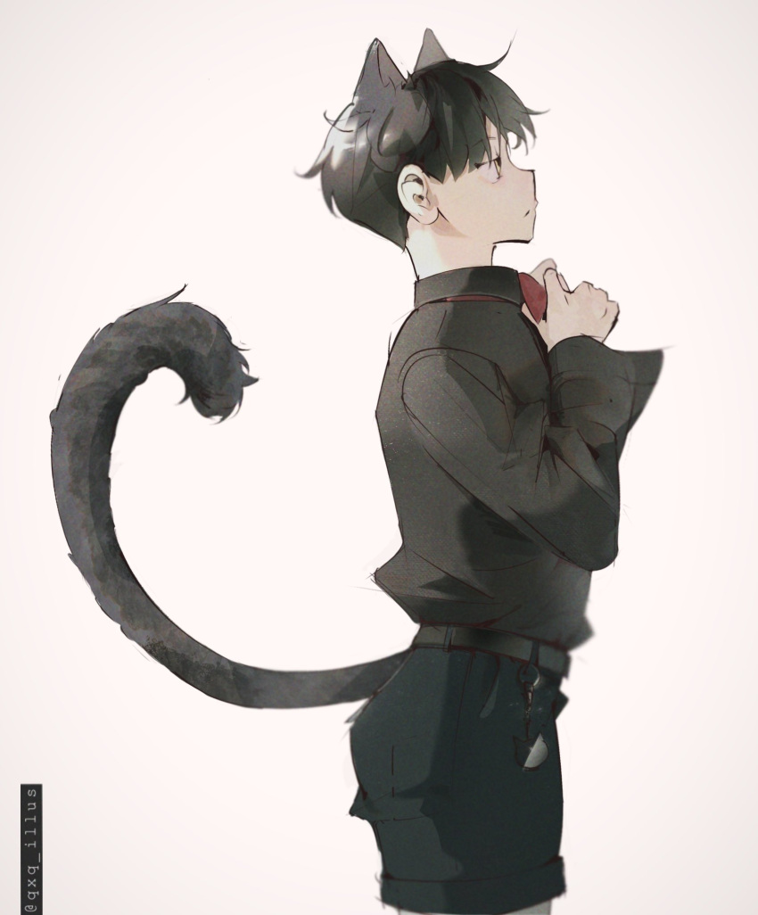 1boy adjusting_bowtie animal_ears belt bishounen black_hair black_shirt black_shorts bow bowtie cat_boy cat_ears cat_tail closed_mouth collared_shirt expressionless highres long_sleeves male_focus original qxq_illus red_bow red_bowtie shirt short_hair shorts simple_background solo tail white_background