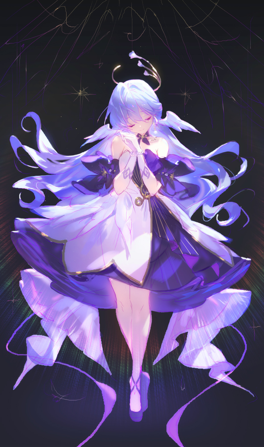 1girl adelie_cat bare_legs bare_shoulders black_background bracelet closed_eyes closed_mouth detached_collar detached_sleeves dress elbow_gloves facing_viewer floating floating_hair full_body gloves hair_between_eyes hair_spread_out halo head_wings highres honkai:_star_rail honkai_(series) jewelry knees_together_feet_apart long_hair purple_dress purple_footwear purple_hair purple_sleeves robin_(honkai:_star_rail) shoes short_sleeves sidelocks simple_background smile solo strapless strapless_dress two-sided_dress two-sided_fabric white_dress white_gloves wings