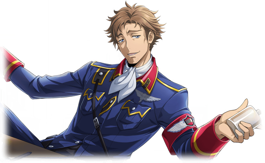 1boy armband artist_request beard_stubble belt blue_eyes blue_jacket blue_pants bottle breast_pocket brown_hair buttons claus_warwick code_geass code_geass:_lost_stories facial_hair game_cg half-closed_eyes hands_up happy head_tilt highres hip_flask holding holding_bottle jacket leaning_back long_sleeves looking_at_viewer male_focus medal military_uniform non-web_source official_art open_mouth pants pen pocket short_hair simple_background sitting smile solo stubble table teeth transparent_background uniform