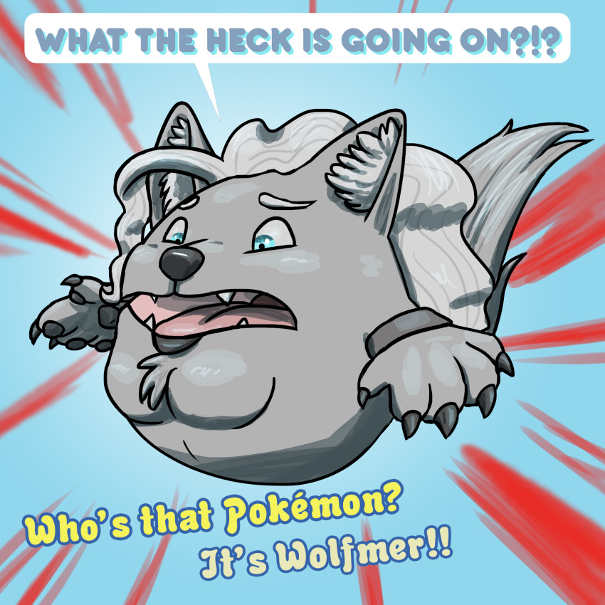 2023 5_fingers anthro armband azrael_(tertia) blue_eyes canid canine canis chest_tuft claws confusion dialogue digital_drawing_(artwork) digital_media_(artwork) english_text exclamation_point eyebrows fangs finger_claws fingers fur game_freak generation_3_pokemon grey_armband grey_body grey_claws grey_fur grey_lips grey_pawpads grey_tail hair hi_res humor hybrid inner_ear_fluff joke legless lips looking_down male mammal nintendo open_mouth pawpads pecs pink_tongue pokemon pokemon_(species) simple_background skywater solo speech_bubble tail teeth text thick_bottom_lip tongue tuft waddling_head wailmer wavy_hair white_eyebrows white_hair white_inner_ear_fluff who's_that_pokemon wolf wolfmer yellow_text