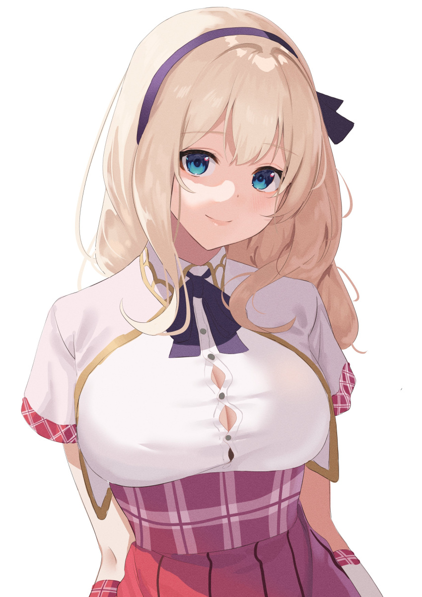 1girl absurdres azur_lane blonde_hair blue_eyes bow bowtie breasts button_gap cleavage closed_mouth commentary_request cropped_jacket daily_(daily178900) hair_between_eyes hairband high-waist_skirt highres jacket large_breasts leander_(azur_lane) looking_at_viewer plaid plaid_skirt purple_hairband red_bow red_bowtie red_skirt shirt short_sleeves simple_background skirt smile solo white_background white_jacket white_shirt