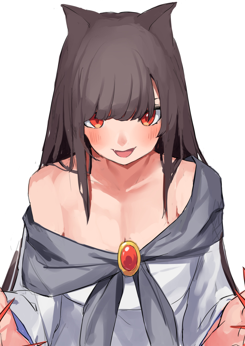 1girl animal_ears black_hair blush breasts brooch cleavage dress fingernails highres imaizumi_kagerou jewelry large_breasts long_fingernails long_hair long_sleeves nail_polish open_mouth pocche-ex red_eyes red_nails sharp_fingernails simple_background smile solo touhou upper_body white_background white_dress wolf_ears