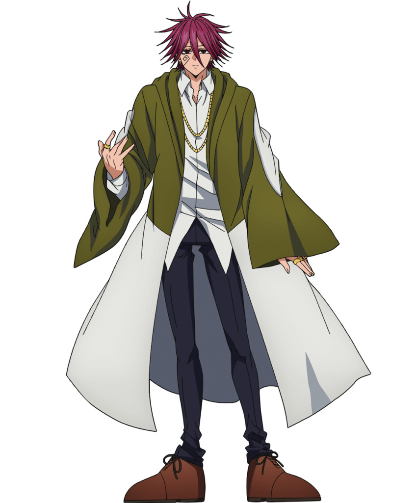 1boy brown_footwear carpaccio_luo-yang collared_shirt facial_mark full_body highres jewelry long_sleeves mashle necktie official_art red_hair ring robe shirt solo spiked_hair tachi-e white_shirt wide_sleeves