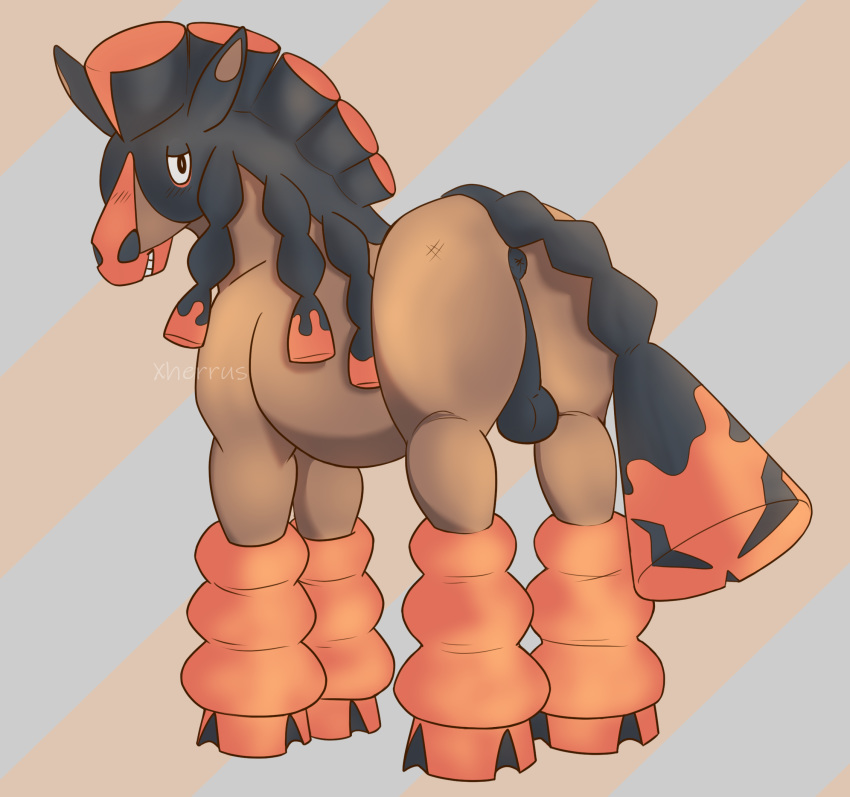 anus backsack balls equid equine feral genitals hi_res horse looking_at_viewer looking_back looking_back_at_viewer male mammal mudsdale nintendo pattern_background pok&eacute;mon pok&eacute;mon_(species) simple_background solo video_games xherrus