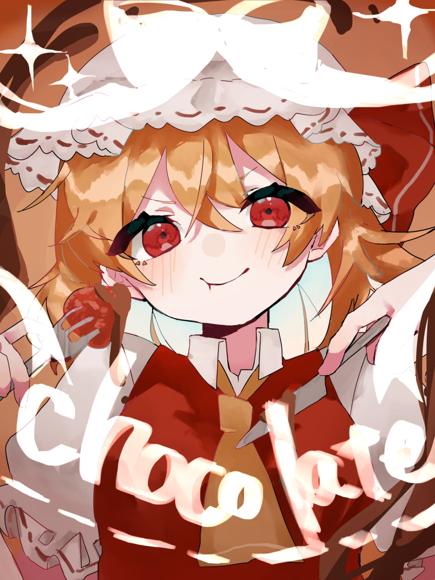 1girl ascot blonde_hair chewing english_text flandre_scarlet food fork hat hat_ribbon highres holding holding_fork holding_knife knife looking_at_viewer meat red_eyes red_ribbon ribbon rokka_(rokka937) side_ponytail solo sparkle touhou upper_body white_mob_cap yellow_ascot