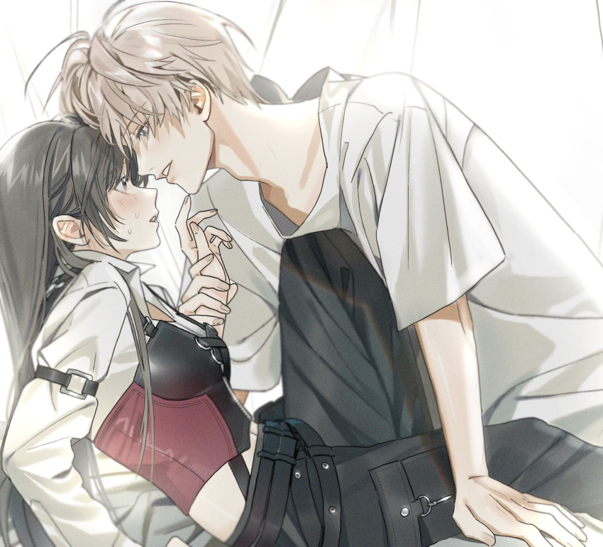 1boy 1girl belt black_hair black_pants blue_eyes blush collared_shirt fingernails from_side hand_grab highres leg_up long_hair looking_at_another love_and_deepspace nail pants parted_lips shirt short_hair sidelocks simple_background sweat tsuchifu_ma white_background white_hair white_shirt xavier_(love_and_deepspace)