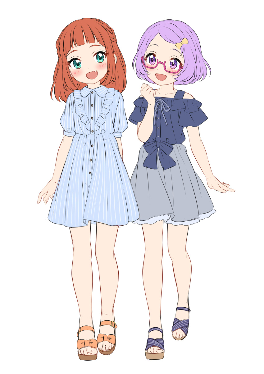 2girls :d absurdres aikatsu! aikatsu!_(series) blue_dress blue_eyes blue_shirt bob_cut bow braid brown_hair character_request dress fang french_braid glasses grey_skirt hair_bow highres medium_hair multiple_girls open_mouth pink-framed_eyewear puffy_short_sleeves puffy_sleeves purple_eyes purple_hair sandals sekina semi-rimless_eyewear shirt short_hair short_sleeves simple_background skirt smile standing under-rim_eyewear white_background yellow_bow