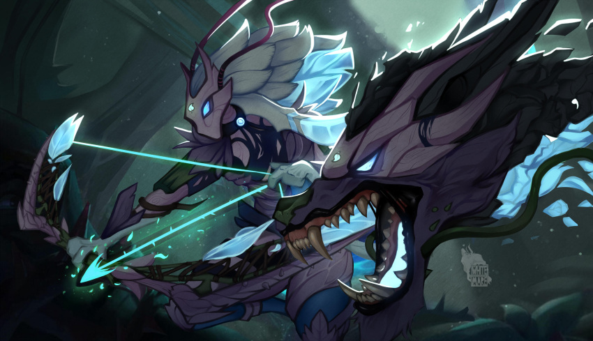 1girl alternate_costume animal_ears armor arrow_(projectile) artist_name blurry blurry_background bow_(weapon) furry furry_female glowing glowing_eyes green_background highres holding holding_arrow holding_bow_(weapon) holding_weapon kindred_(league_of_legends) lamb_(league_of_legends) league_of_legends long_hair mask open_mouth sharp_teeth sheep_ears standing teeth weapon whitemare wolf_(league_of_legends)