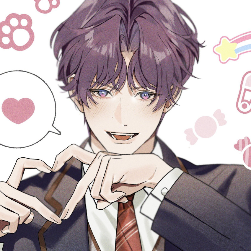 1boy blush buttons candy collared_shirt food happy heart heart_hands highres looking_at_viewer love_and_deepspace male_focus multicolored_eyes necktie open_clothes open_mouth parted_bangs paw_print plaid_necktie purple_eyes purple_hair rafayel_(love_and_deepspace) rainbow red_necktie shirt short_hair speech_bubble teeth tongue tsuchifu_ma vest white_background white_shirt